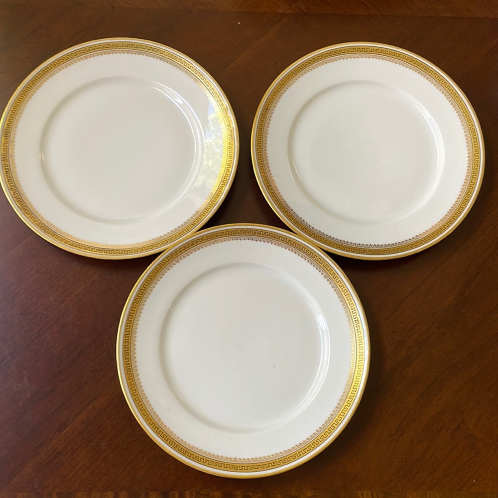 Limoges France WG W Guerin porcelain Gold rim Greek key 3 salad plates 8.25”